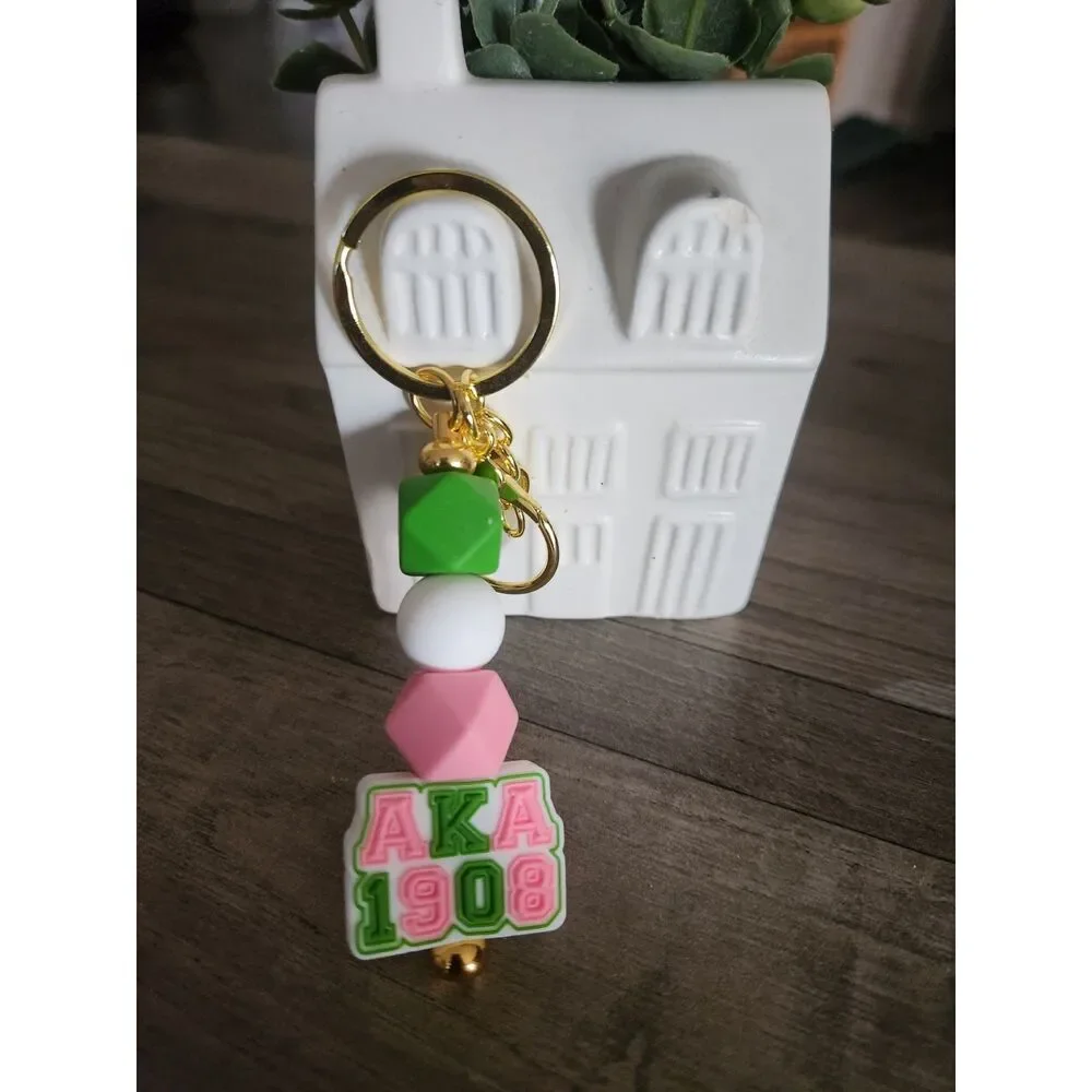 AKA 1908 Beaded Keychain – Pink & Green Sorority Gift